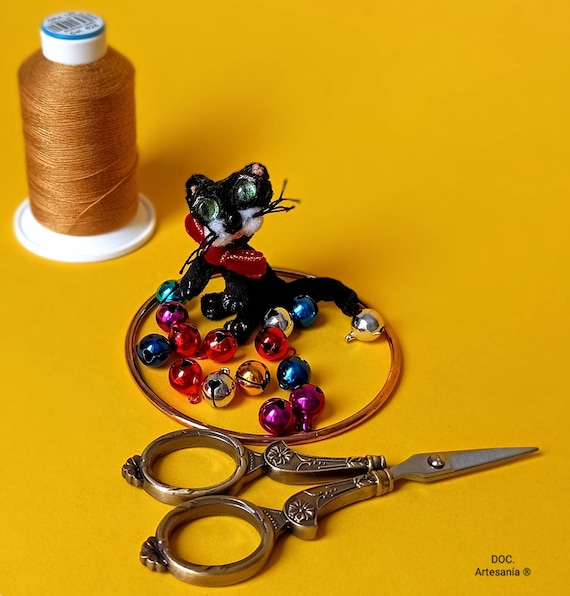 Miniatura.Miniatures.ArticulatedCat.GatoNegro.Miniature.Dollhouse.Cat.Gato.MuñecoTela.ClothDoll.MuñecoArticulado.BlackCat.CasaDeMuñecas