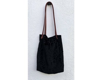 Black velour tote minimalist style pocket leather strap handbag handmade hand dyed shoulder bag purple dark romance boho hippie style