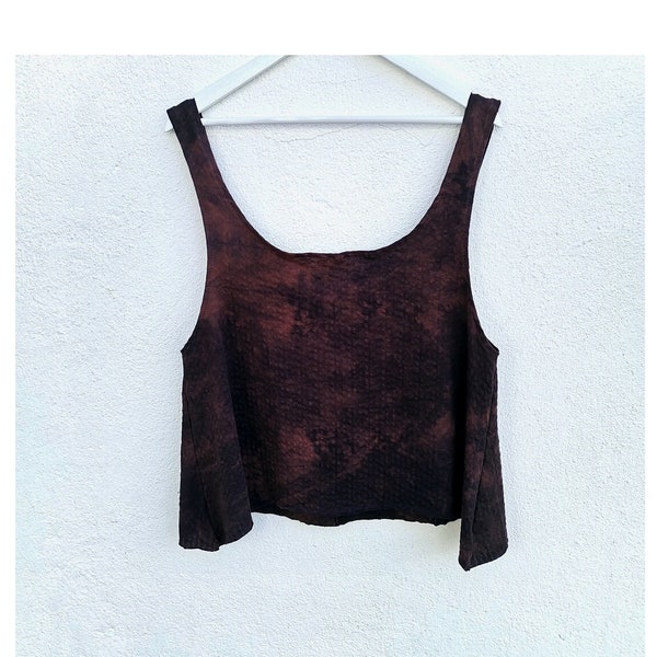 Crop swing vest dark brown cotton knit top black womens slow fashion hand dyed style minimalist singlet shirts loose summer gaia A-line