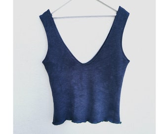 Grunge vest top dusky blue cropped knit cotton very deep v neck boho clothing ethical sustainable slow fashion shirts clothes muscle tank