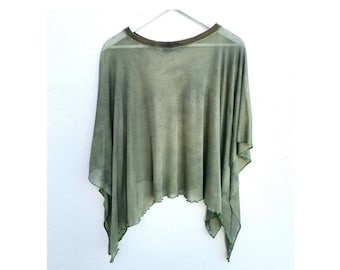 Kaftan top dusky green sheer oversize open tshirt witchy loose tee strega floaty layering natural dark romantic mori boho moon wise gossamer