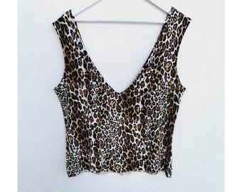 Leopard print vest top cropped cotton very deep v neck punk kitsch animal pattern clothes sustainable slow fashion shirts muscle tank chic