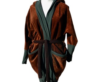 Velour cardigan luxurious garments handmade dyed brown teal blue natural vibes earthy handmade sustainable European boutique shop clothes
