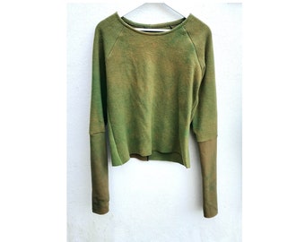 Moss green fleece jumper cotton minimalist hand dyed simple pullover long sleeves pagan dark mori healing slow fashion soft sweaters eco