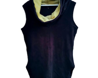 Anjuna top cowl neck sleeveless womens vest shirt handmade hand dyed small batch design dark brown yellow fleece winter layers Europe maker