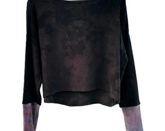 Dark brown slouchy sweatshirt organic cotton fleece with velour cuffs wide neckline style womens handmade garments hand dyed earthy shirts
