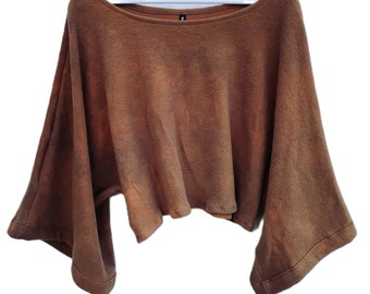 Brown organic cotton sweater short cropped minimalist style big loose bell arms handmade tops wide neck jumper pullovers slow fashion shirts
