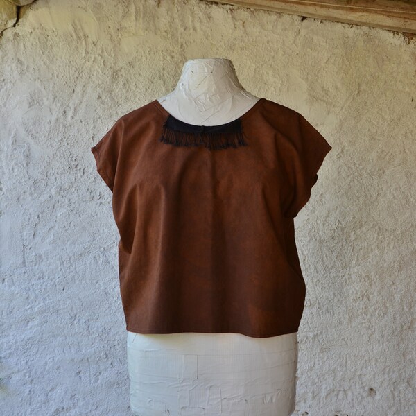 EARTH blouse (brown cotton blouse with tassel bib detail handmade boxy cropped tops eco conscious low impact meditation healing clothes)