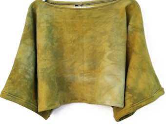 Chartreuse green sweater short cropped cotton fleece minimalist style big loose arms luxe handmade tops wide neck jumper womens pullover eco