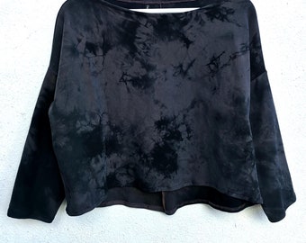 Loose fit sweater top womens sustainable clothes handmade shirts dark grey black mottled hand dyed earthy natural pullover fleece cotton top