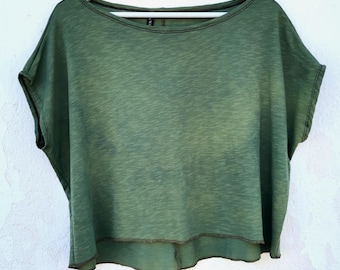 Green sleeveless top womens slow fashion garments handmade hand dyed earthy colours Dark Wilds Europe boutique shop ecological ethical
