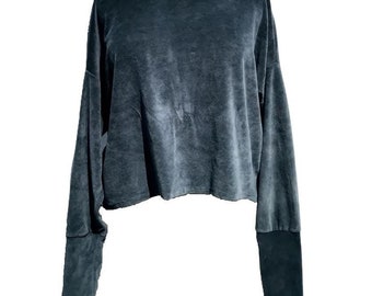 Grauer velour Pullover slouchy Stil Damen Top Lange Ärmel High Low Saum erdige Farbe Natürliche Kleidung Slow Fashion Hemden Herbst Winter Layer