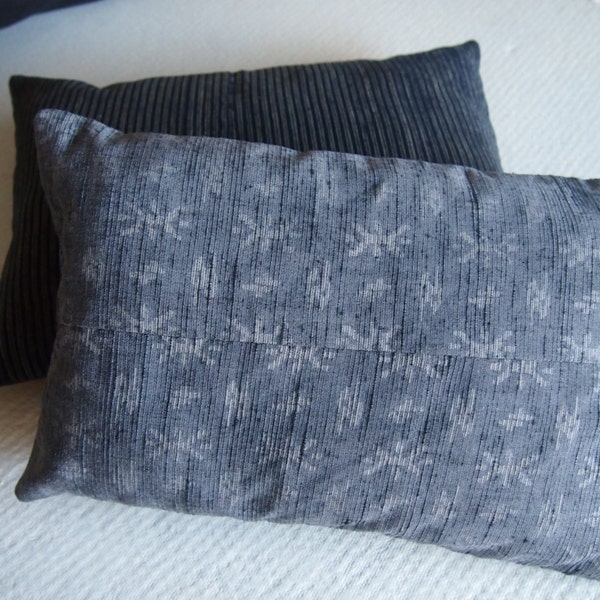 Silk cushion vintage ikat kimono Japanese grey silver woven fabric small pillow kapok filled decorative 10 x 14"