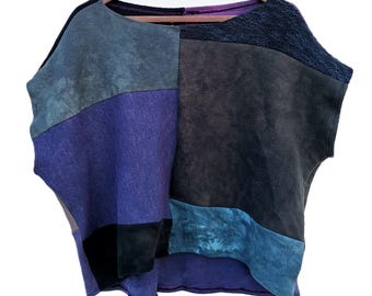 Sleeveless top organic cotton fleece purple brown layering garment boho baggy earthy loose tarot healing tops eco simple sweater patchwork