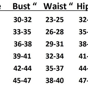 May include: Size chart showing bust, waist, and hip measurements in inches for sizes XS, S, M, L, XL, and XXL.