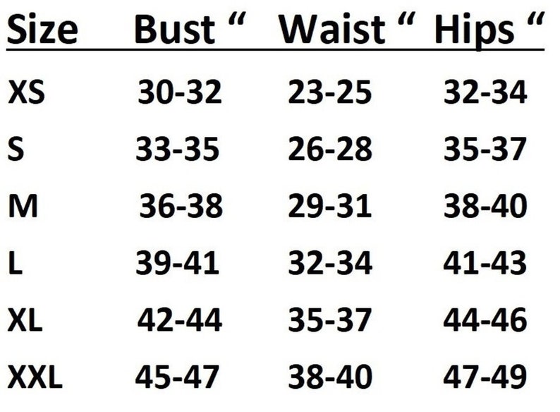 May include: Size chart showing bust, waist, and hip measurements in inches for sizes XS, S, M, L, XL, and XXL.
