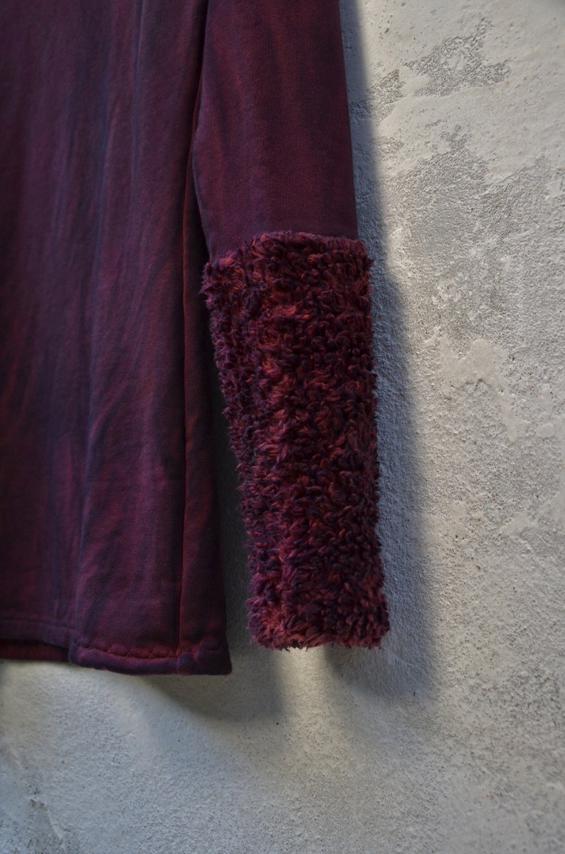 Dark red sweater womens handmade grunge organic cotton fleece hand dyed mottled low impact earthy minimalist style mori boho slow fashion