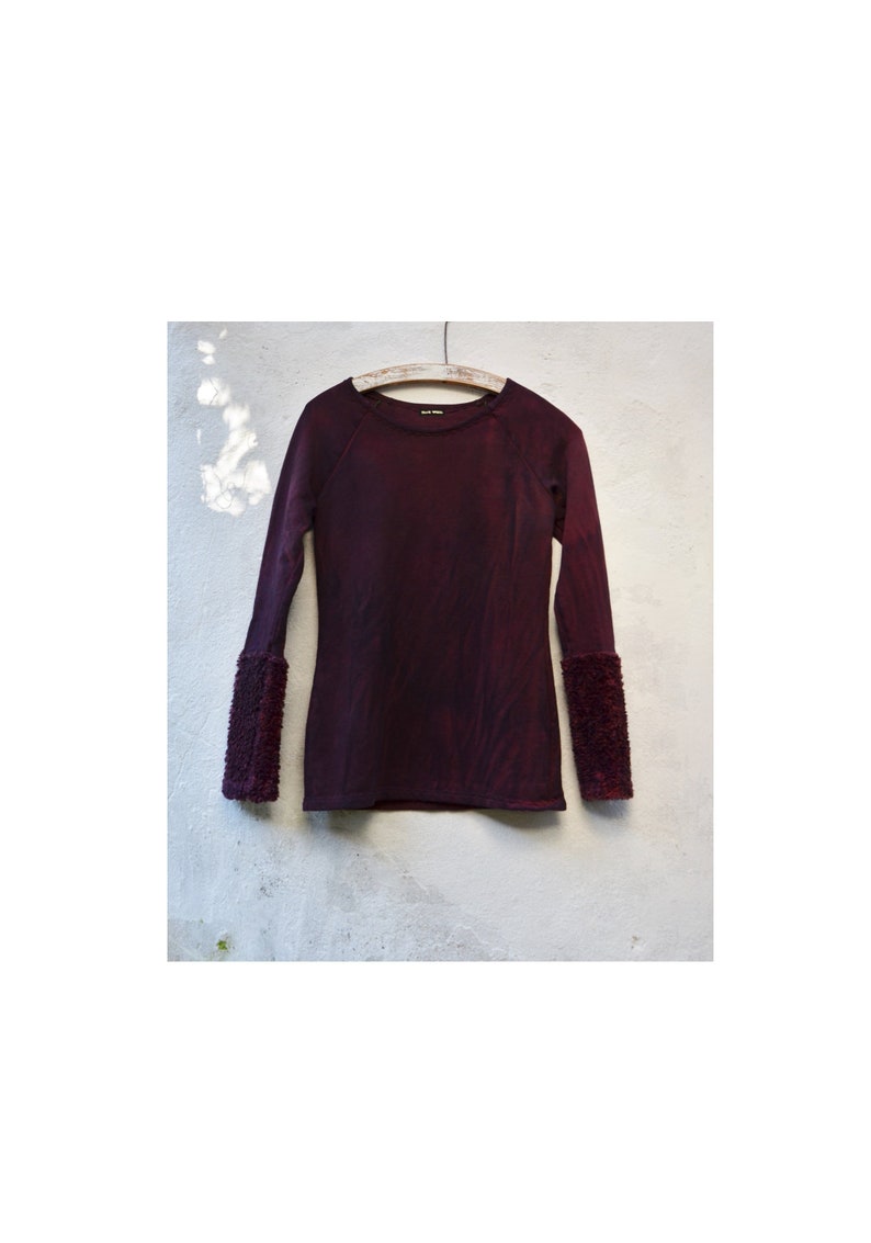 Dark red sweater womens handmade grunge organic cotton fleece hand dyed mottled low impact earthy minimalist style mori boho slow fashion