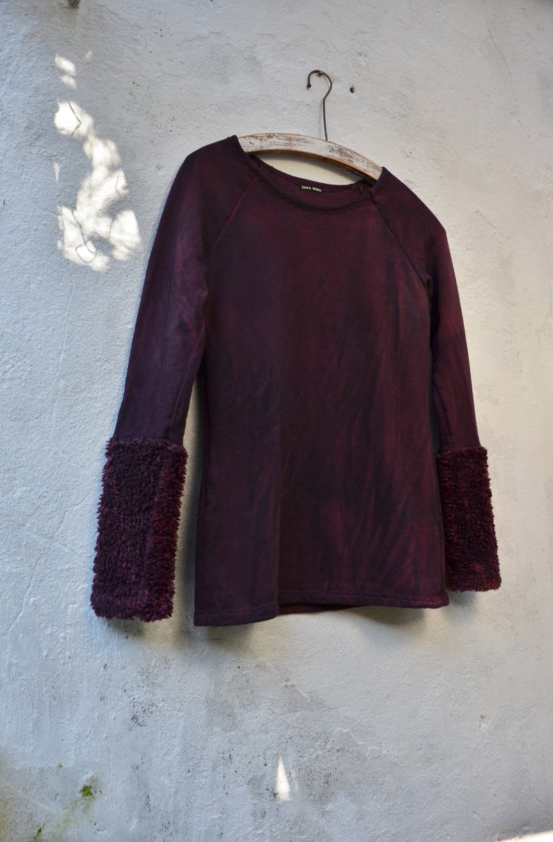 Dark red sweater womens handmade grunge organic cotton fleece hand dyed mottled low impact earthy minimalist style mori boho slow fashion