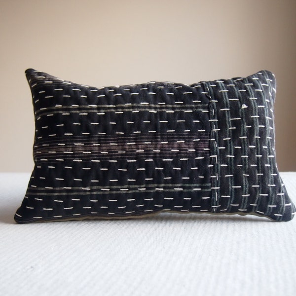 Sashiko cushion black striped small pillow antique Japanese zokin fabric Octavi handmade stitches 6 x 11"