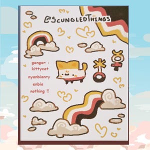 Pode incluir: Uma folha de adesivos branca com ilustrações coloridas. A folha apresenta um arco-íris, nuvens, corações e um personagem de gato. O texto inclui "@SCUNGLEDTHINGS" e uma lista de palavras. A paleta de cores inclui tons de castanho, amarelo, vermelho e branco.