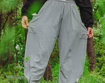 Harem Bohemian Cotton/ Linen Pants Boho V Hem Loose Fit Trousers, Natural Fabric Yoga Lounge Pants, Eco-Friendly Minimalist Unisex Clothing