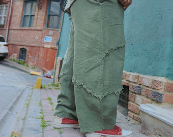 Unisex Leinen Baumwolle Baggy Hose, Boho Weites Bein mit ausgefransten Details, Haremshose, Festival