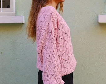 Pastell Rosa Boho Strick Pullover für Frauen | Handgefertigter, gemütlicher übergroßer Pullover | weiche Baumwolle Acryl Strickwaren | Herbst Winter Geschenk für sie
