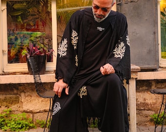 Kimono de linho 100% estampado à mão • Robe longo unissex aberto na frente • Estampa artesanal de árvores • Estilo boho