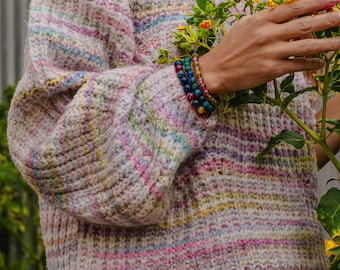 Pastell Grobstrick-Pullover - Boho Multicolor Wollmischung Pullover, kuscheliger Pullover, weicher strukturierter Strick für kalte Herbst Winter Tage