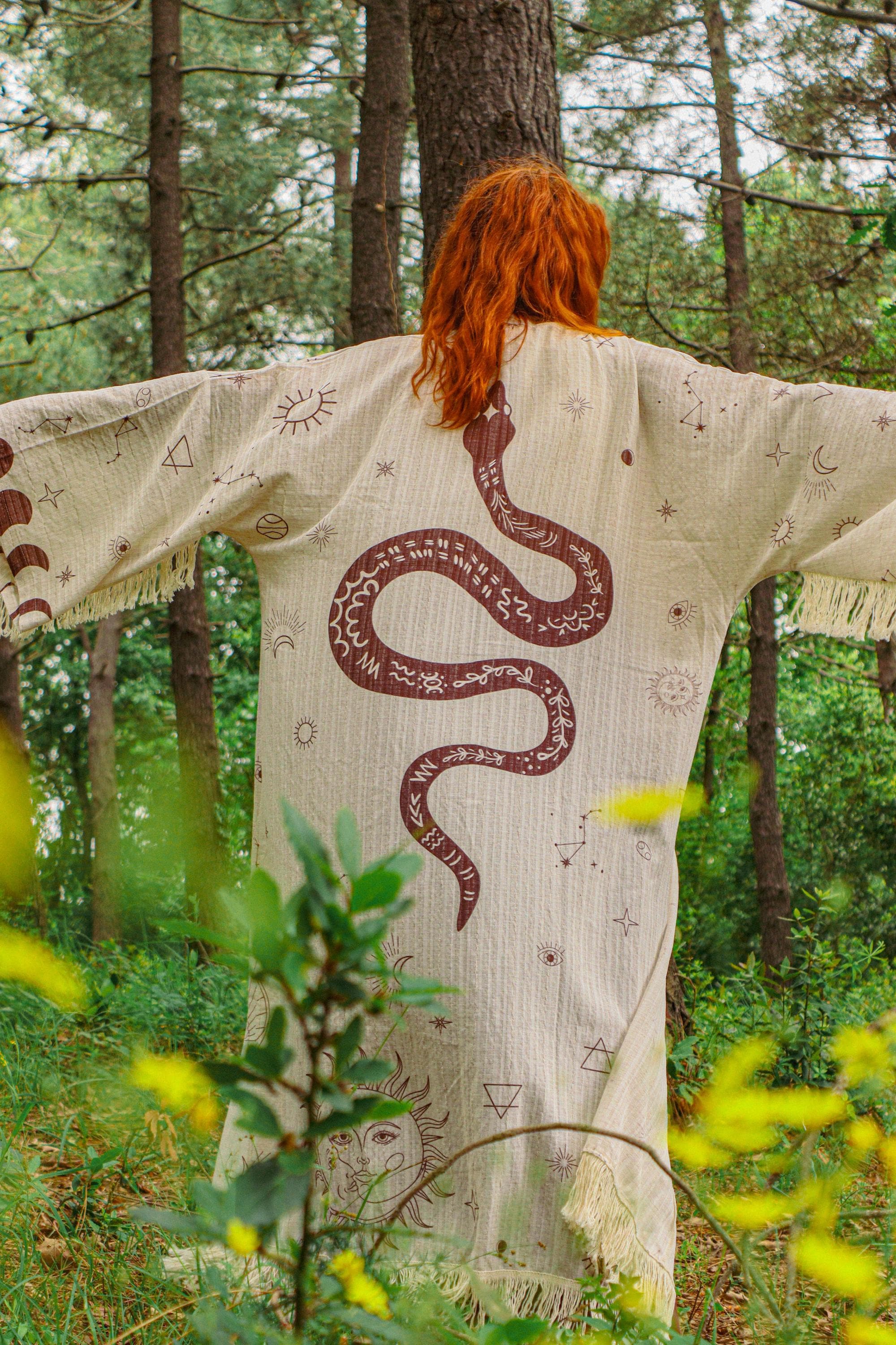 Boho Astrology Kimono With Snake Back Print – Oversized Celestial ...