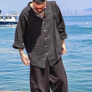 Unisex Boho Black Linen Shirt - Oversized Cotton Blend Loose Fit Top - Lightweight Summer Button Down - Breathable Bohemian Women Clothing