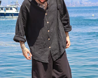 Unisex Boho Black Linen Shirt - Oversized Cotton Blend Loose Fit Top - Lightweight Festival Button Down - Bohemian Outfit