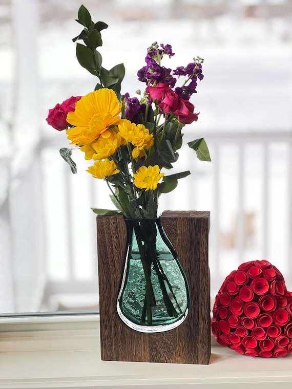 Dark Brown Paulownia Wood Vase with Glass Insert – Rustic Centerpiece Home Decor