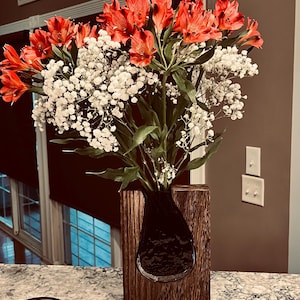 Handcrafted Wood Vase Teardrop Glass Insert Flower Container Display Vessel Modern Table Centerpiece Paulownia Wood Block Artistic Design Unique Home Accent Decorative Object Natural Material Elegant Form Contemporary Styling Removable