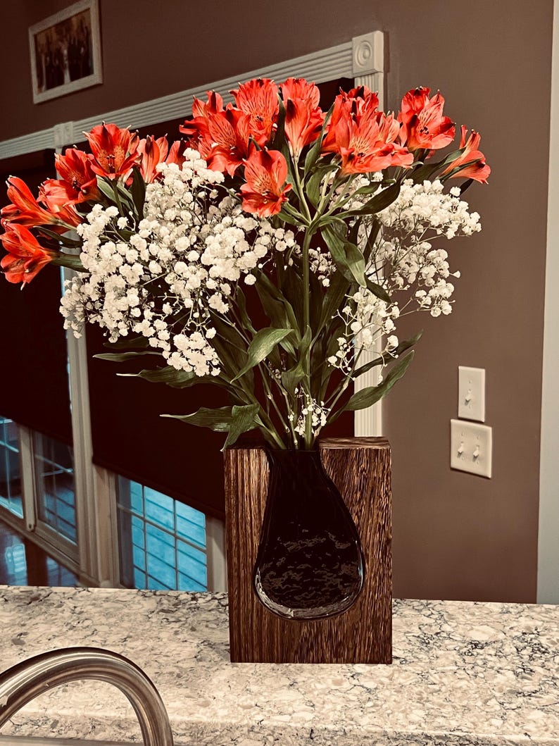 Handcrafted Wood Vase Teardrop Glass Insert Flower Container Display Vessel Modern Table Centerpiece Paulownia Wood Block Artistic Design Unique Home Accent Decorative Object Natural Material Elegant Form Contemporary Styling Removable