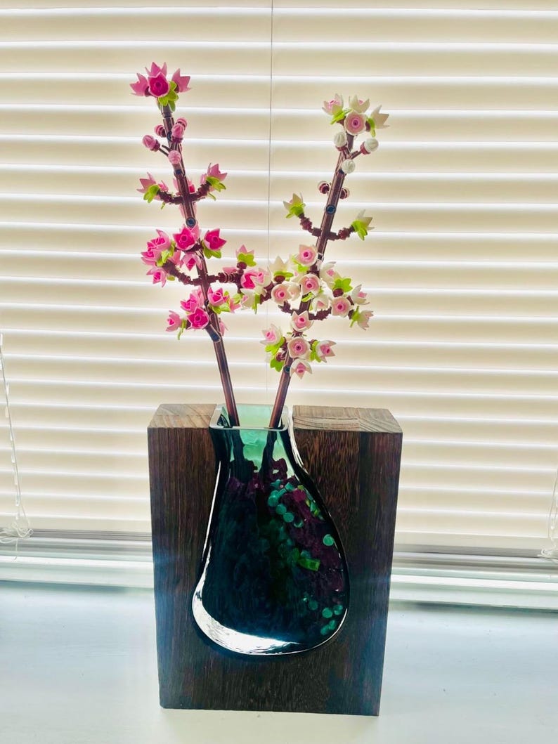 Table Centerpiece Vase Wooden Flower Holder Glass Insert Design Handcrafted Paulownia Wood Vessel Teardrop Container Modern Home Accent Natural Wood Block Unique Artistic Display Contemporary Styling Elegant Form Beautiful Decoration
