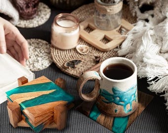 Teal Resin Wood Coaster Set, Rustic Bar Accessory