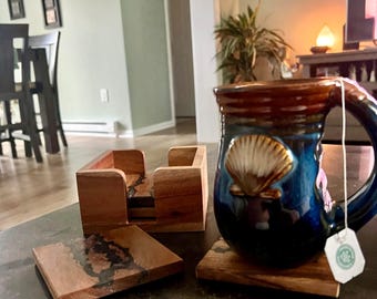 Wood Resin Coaster Set of 4 with Holder, Rustic Epoxy River Coasters for MOM.