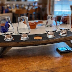 Bourbon Flight Tray for 5 Glencairn Glasses-Reclaimed Bourbon Barrel Wood, Osmo Finish, Whiskey Tasting Tray