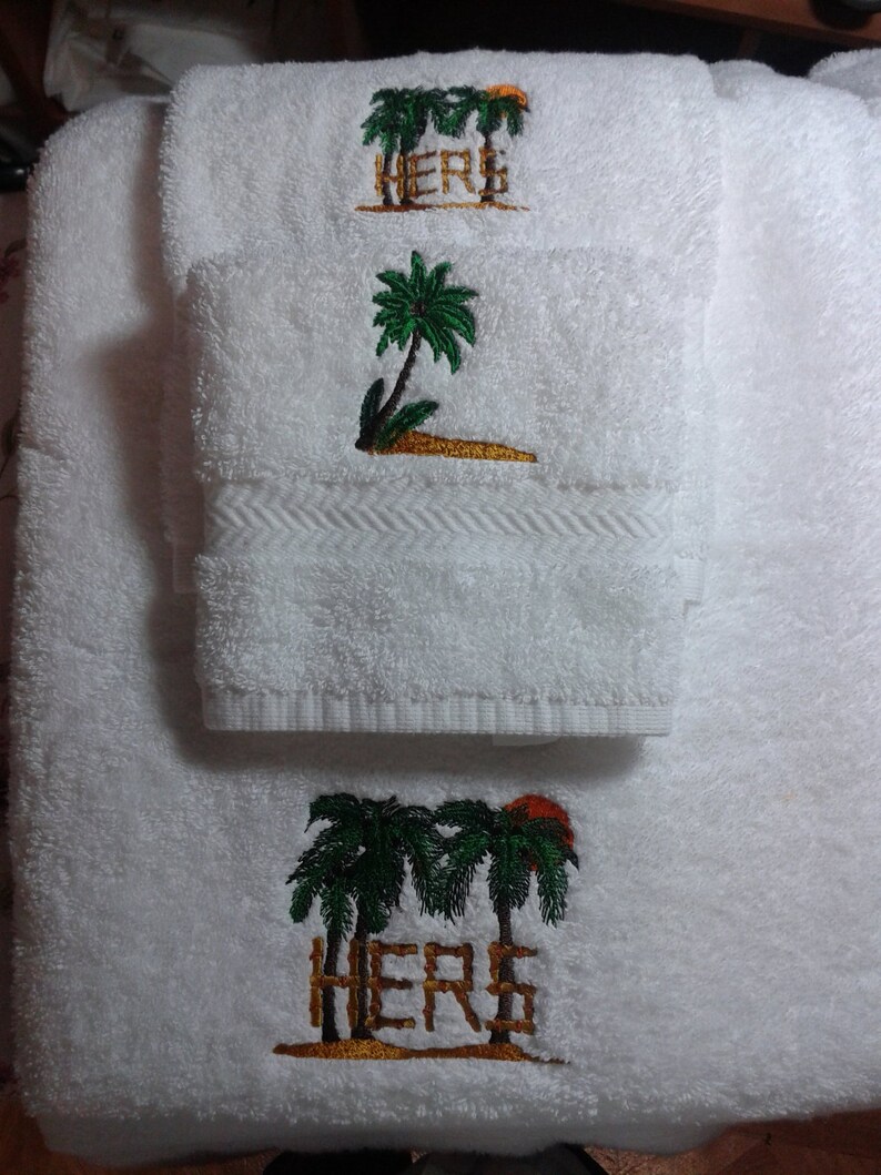 Bath Towel Set Embroidered With His & Hers Palm Tree Etsy