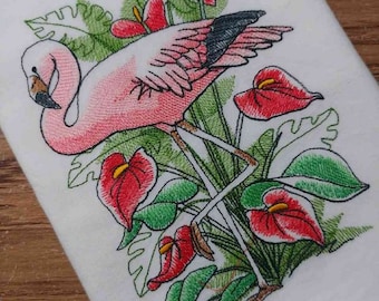 TROPICAL FLAMINGO SKETCH White Cotton Kitchen Tea Towel