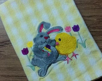 Easter Bunny and Chick on Yellow & White Cotton Kitchen Tea Towel