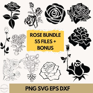 Rose Svg Bundle, Rose Png, Rose Silhouette, Rose Clipart, Black Roses, Rose Tattoo Svg, Floral Flower Clipart, Rose Cut Files, Laser Cutting