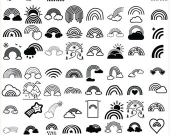 64 Hand Drawn Rainbow & Clouds SVG Clipart: Boho Rainbow Cut Files (Digital Download)