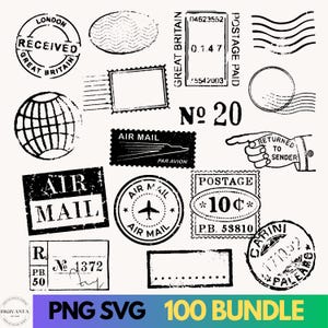Paquete de 100 sellos postales SVG y PNG, sellos antiguos, oficina de correos, imágenes prediseñadas de sellos, sellos retro, sellos de viaje, imágenes prediseñadas de pasaporte, descarga digital