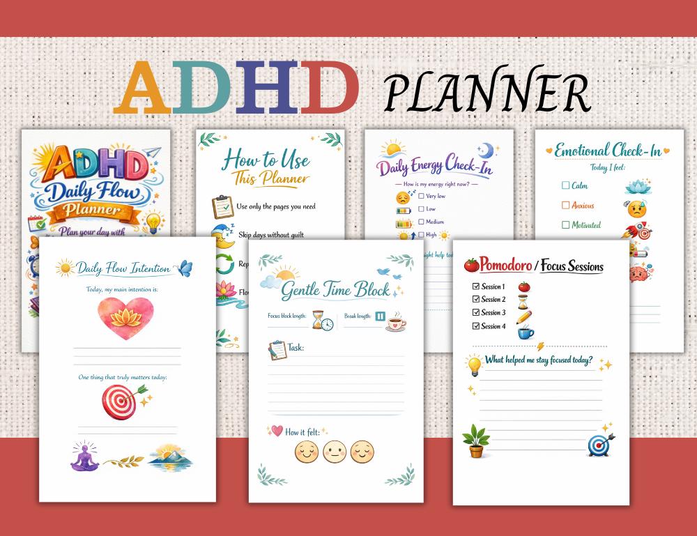 ADHD Daily Flow Planner Printable, Focus & Self-care, Pomodoro Tracker ...