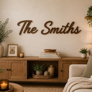 Può includere: Una scritta da parete in legno marrone scuro che riporta il testo The Smiths in un carattere corsivo. La scritta è montata su una parete beige chiaro sopra un mobile multimediale in legno, decorato con varie piante, candele e libri.