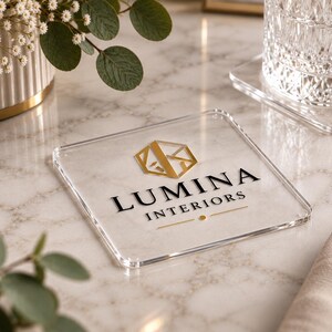 Pode incluir: Um porta-copos quadrado de acrílico transparente com um logótipo geométrico dourado e o texto preto "LUMINA INTERIORS" impresso na superfície. O porta-copos tem cantos arredondados e um acabamento liso e transparente.