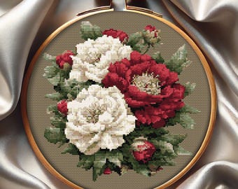 Modèle de point de croix bouquet de pivoines : motif floral (téléchargement PDF, Pattern Keeper + SVG)